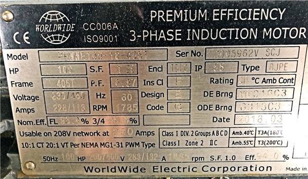 Unused Worldwide Electric 100 Hp Motor, 1785 Rpm)